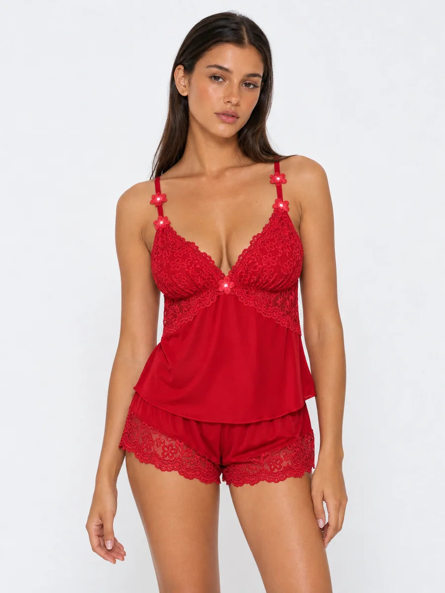 Conjunto de Pijama con Encaje Floral y Flores 3D, color rojo
