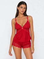 Conjunto de Pijama con Encaje Floral y Flores 3D, color rojo