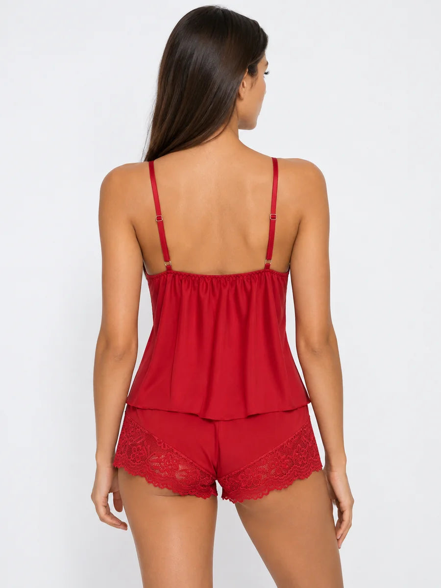 Conjunto de Pijama con Encaje Floral y Flores 3D, color rojo