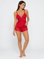 Conjunto de Pijama con Encaje Floral y Flores 3D, color rojo