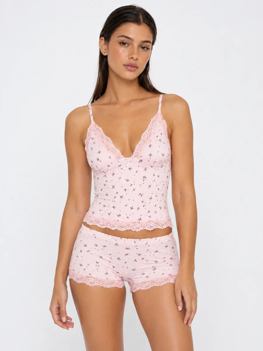 Conjunto de Pijama Floral de Camisola y Short con Encaje, color rosa suave