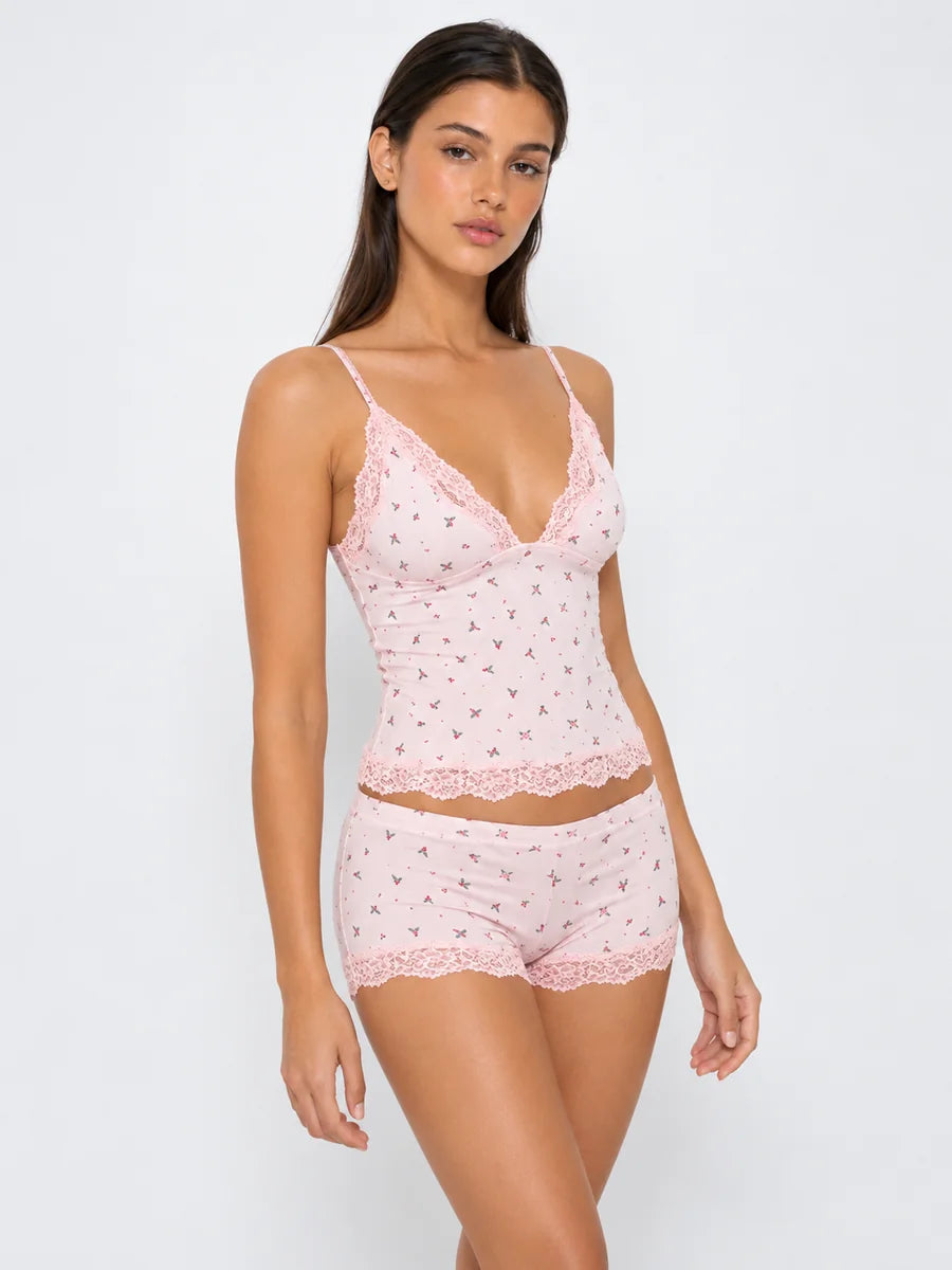 Conjunto de Pijama Floral de Camisola y Short con Encaje, color rosa suave