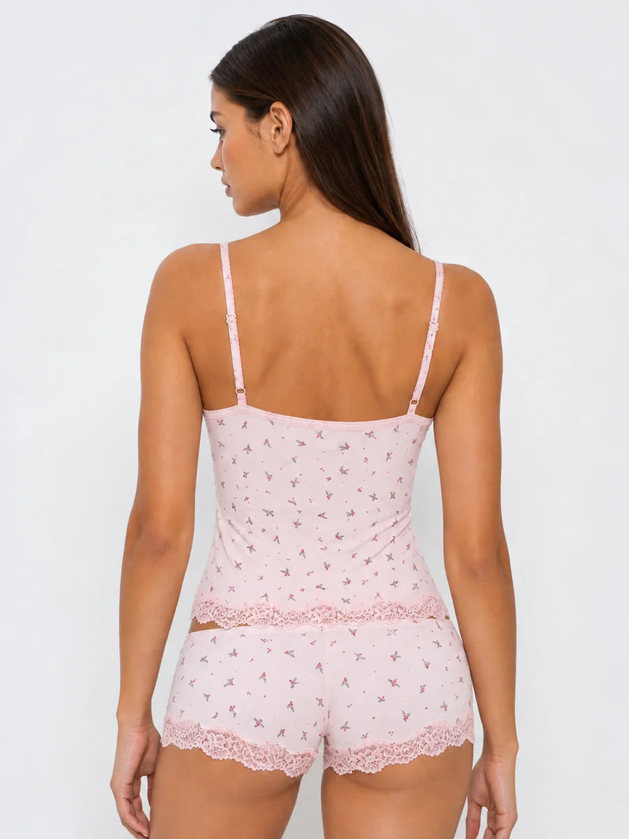 Conjunto de Pijama Floral de Camisola y Short con Encaje, color rosa suave