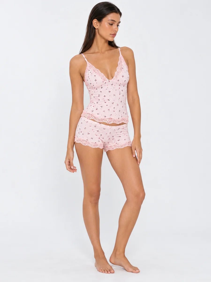 Conjunto de Pijama Floral de Camisola y Short con Encaje, color rosa suave