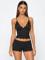 Conjunto de Pijama Floral de Camisola y Short con Encaje, color negro