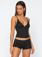 Conjunto de Pijama Floral de Camisola y Short con Encaje, color negro