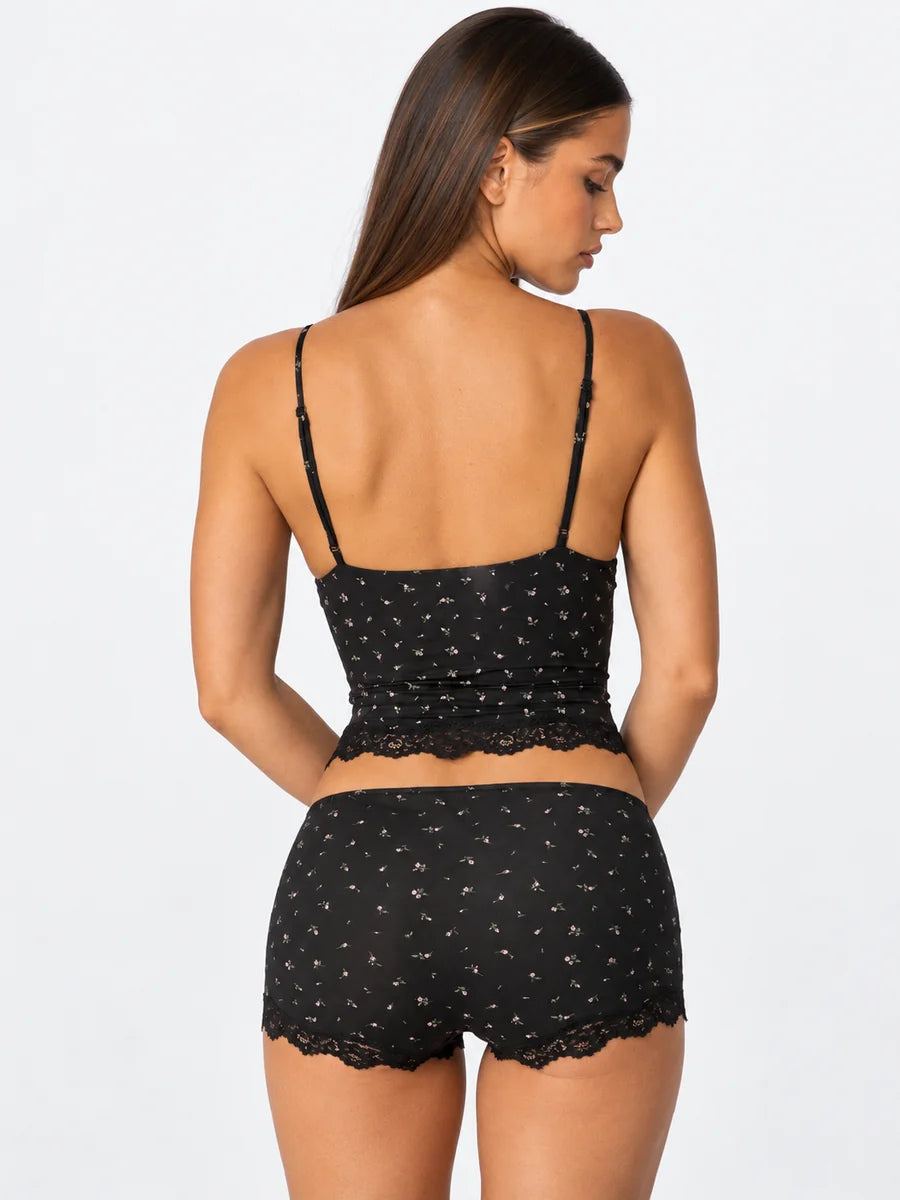 Conjunto de Pijama Floral de Camisola y Short con Encaje, color negro