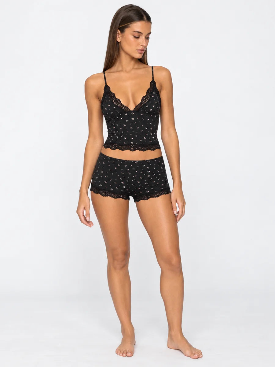 Conjunto de Pijama Floral de Camisola y Short con Encaje, color negro