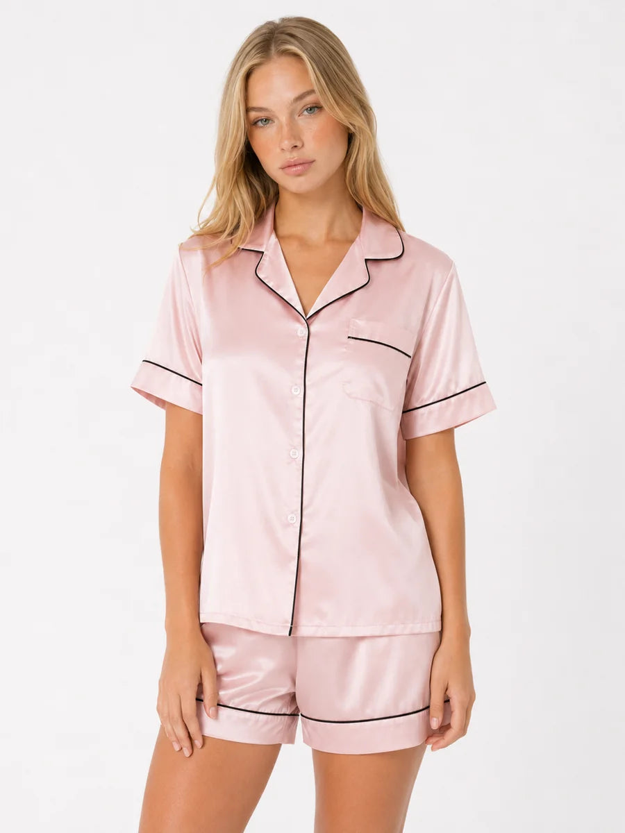 Conjunto de Pijama de Satén con Camisa y Short, color rosa suave
