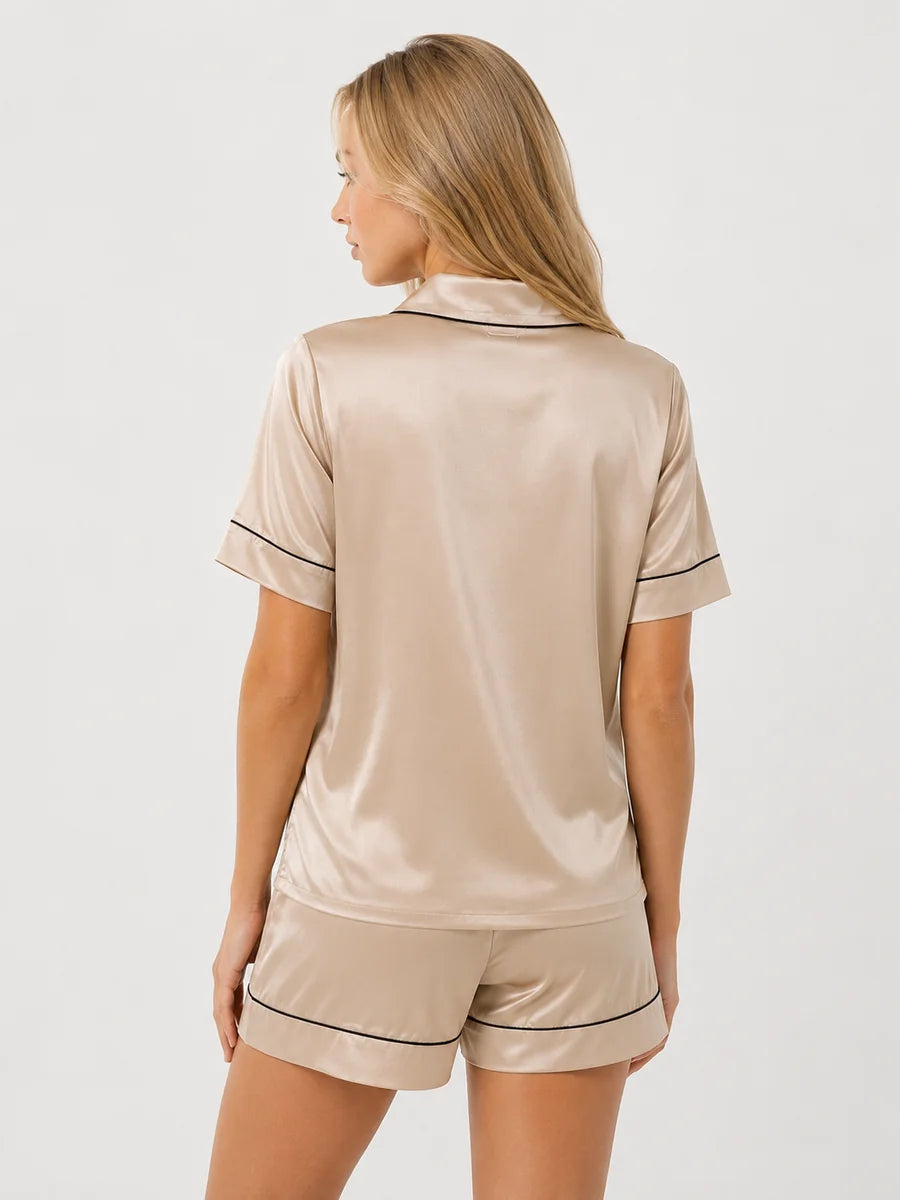 Conjunto de Pijama de Satén con Camisa y Short, color caqui claro