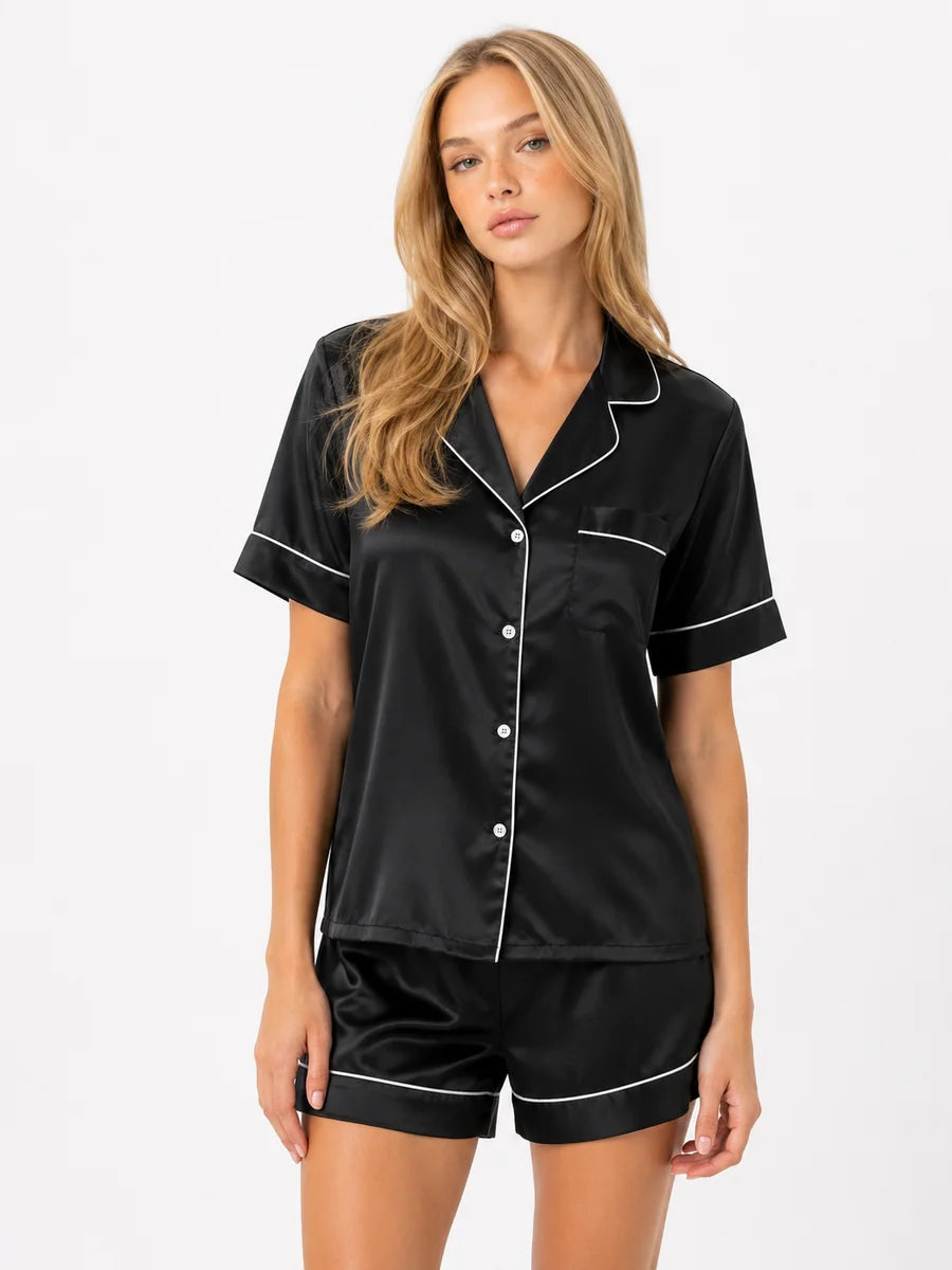 Conjunto de Pijama de Satén con Camisa y Short, color negro