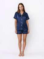 Conjunto de Pijama de Satén con Camisa y Short, color azul marino