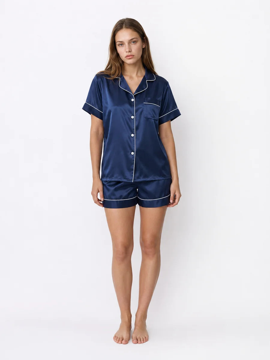 Conjunto de Pijama de Satén con Camisa y Short, color azul marino