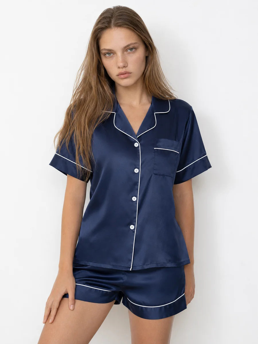 Conjunto de Pijama de Satén con Camisa y Short, color azul marino