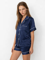 Conjunto de Pijama de Satén con Camisa y Short, color azul marino