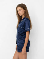 Conjunto de Pijama de Satén con Camisa y Short, color azul marino