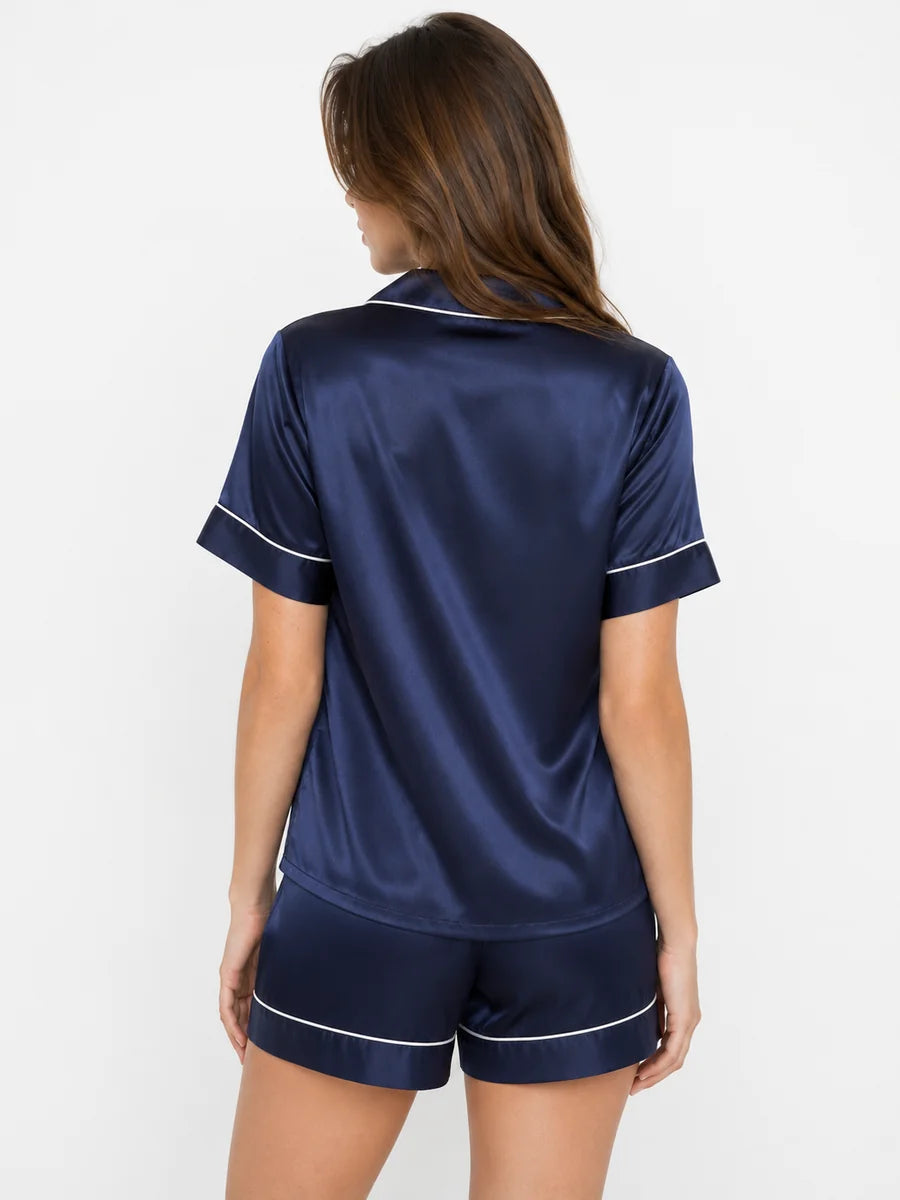 Conjunto de Pijama de Satén con Camisa y Short, color azul marino
