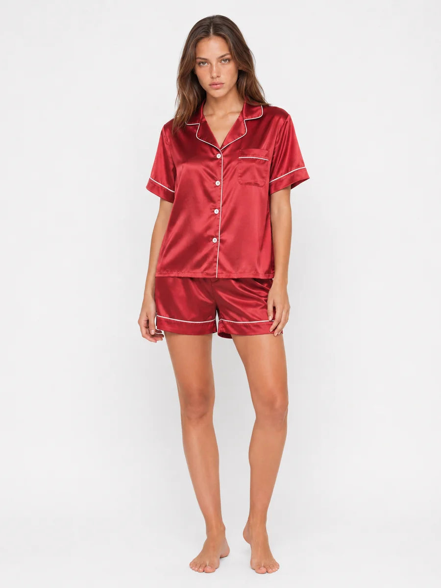 Conjunto de Pijama de Satén con Camisa y Short, color rojo apagado