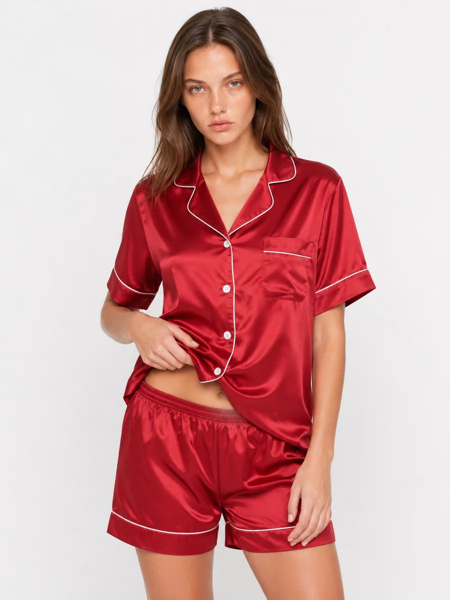Conjunto de Pijama de Satén con Camisa y Short, color rojo apagado