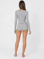 Conjunto de Pijama Acanalado con Top Henley y Short, color gris