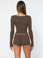 Conjunto de Pijama Acanalado con Top Henley y Short, color marrón