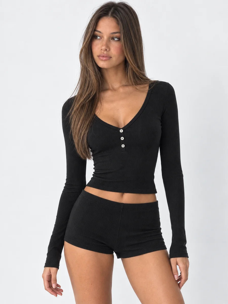 Conjunto de Pijama Acanalado con Top Henley y Short, color negro