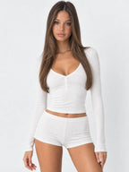 Conjunto de Pijama Acanalado con Top Henley y Short, color blanco