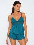 Conjunto de Pijama de Satén Elástico con Camisola de Encaje, color verde azulado
