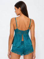 Conjunto de Pijama de Satén Elástico con Camisola de Encaje, color verde azulado