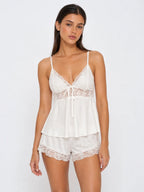 Conjunto de Pijama de Satén Elástico con Camisola de Encaje, color blanco