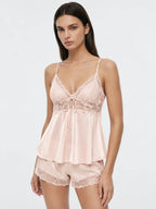 Conjunto de Pijama de Satén Elástico con Camisola de Encaje, color rosa empolvado