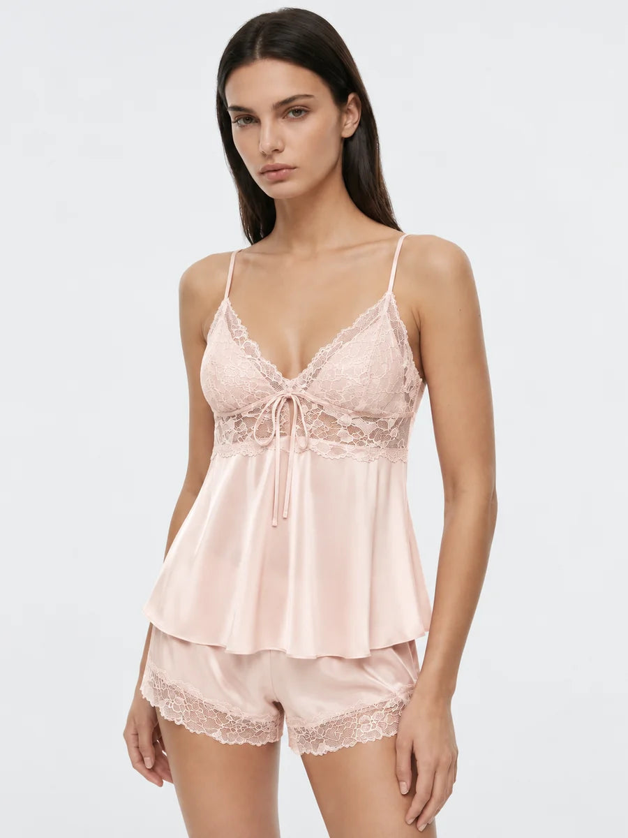 Conjunto de Pijama de Satén Elástico con Camisola de Encaje, color rosa empolvado