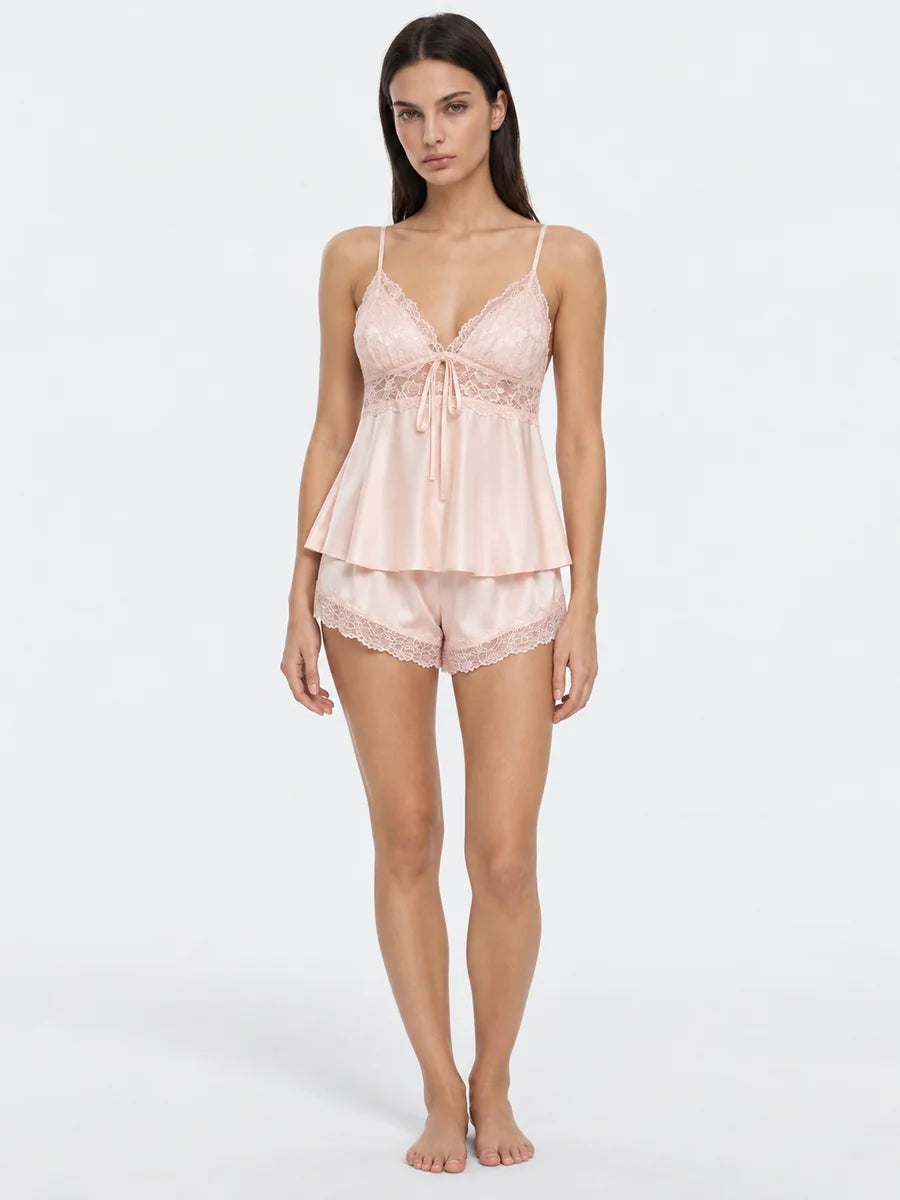 Conjunto de Pijama de Satén Elástico con Camisola de Encaje, color rosa empolvado