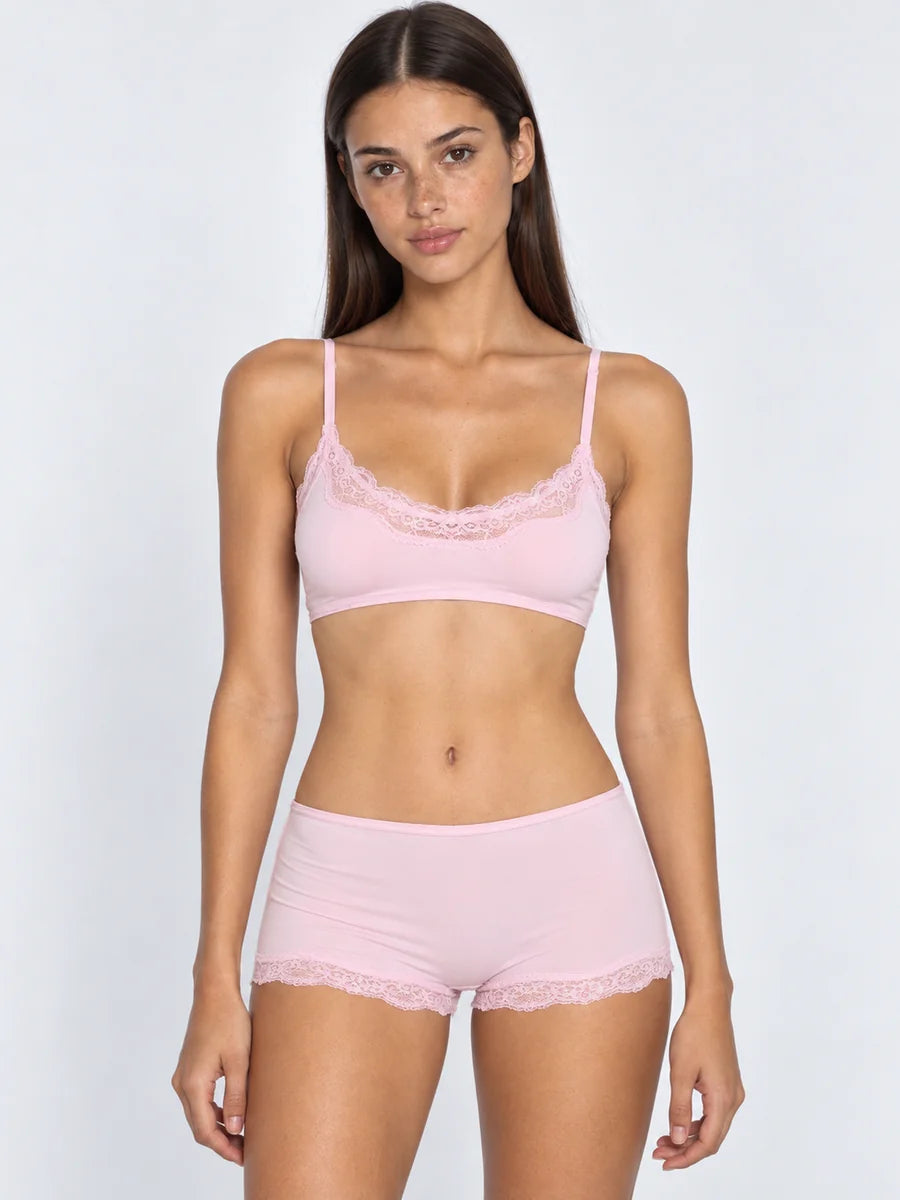 Conjunto Básico de Bralette y Culotte con Encaje, color rosa suave