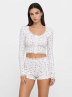 Conjunto de Pijama Floral Acanalado con Short, color blanco