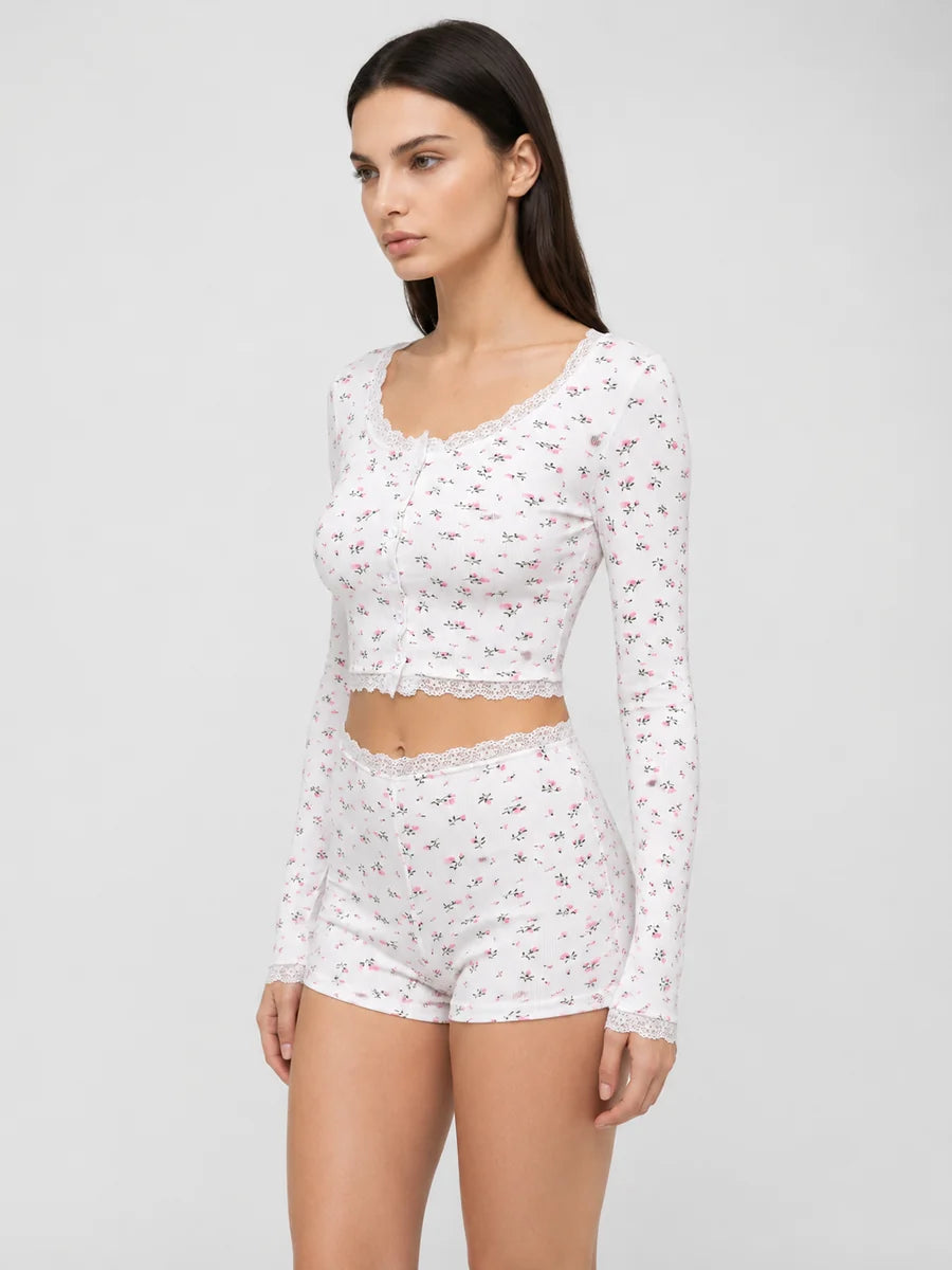 Conjunto de Pijama Floral Acanalado con Short, color blanco