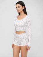 Conjunto de Pijama Floral Acanalado con Short, color blanco