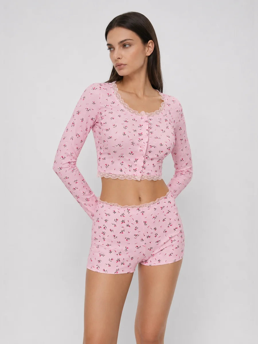 Conjunto de Pijama Floral Acanalado con Short, color rosa