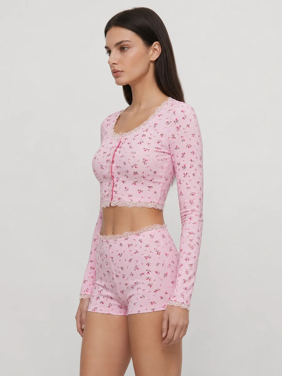 Conjunto de Pijama Floral Acanalado con Short, color rosa