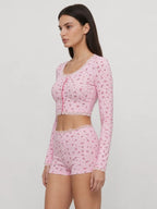 Conjunto de Pijama Floral Acanalado con Short, color rosa