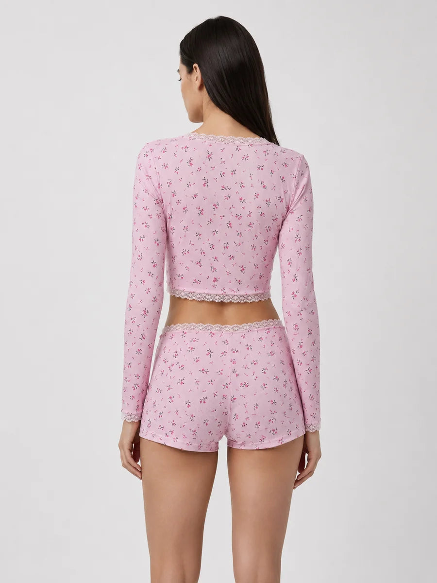 Conjunto de Pijama Floral Acanalado con Short, color rosa