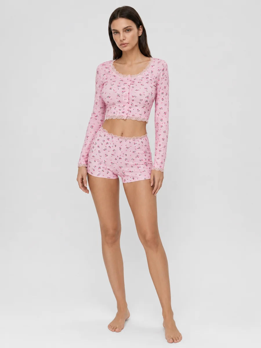 Conjunto de Pijama Floral Acanalado con Short, color rosa