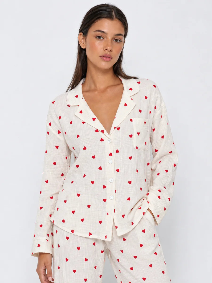 Conjunto de Pijama de Camisa y Pantalón con Corazones