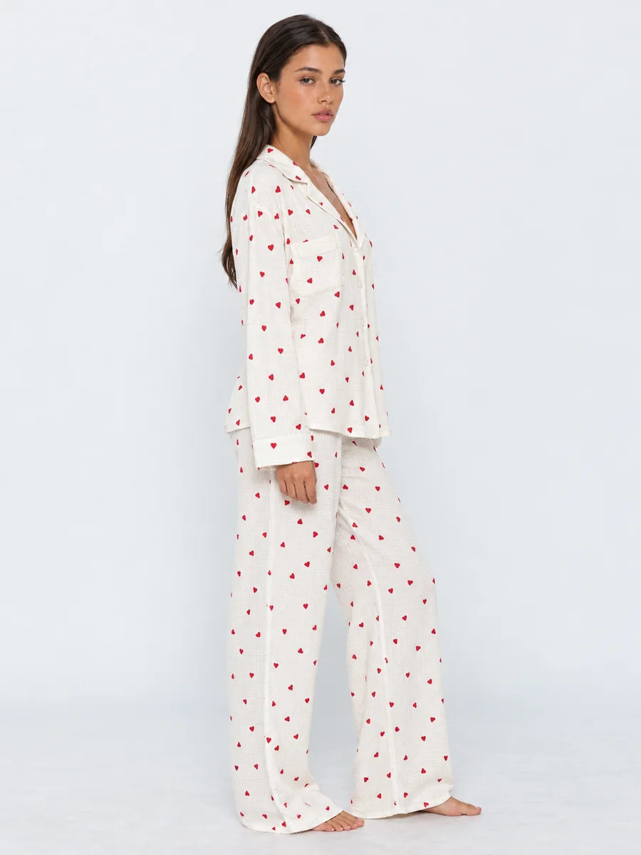 Conjunto de Pijama de Camisa y Pantalón con Corazones