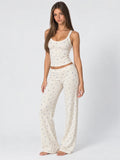 Conjunto de Pijama Acanalado de Flores Azules con Pantalón