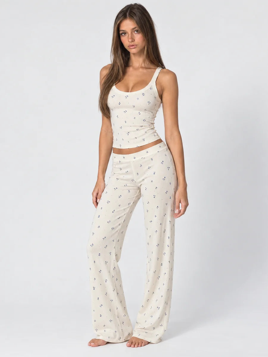 Conjunto de Pijama Acanalado de Flores Azules con Pantalón