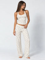 Conjunto de Pijama Acanalado de Flores Azules con Pantalón
