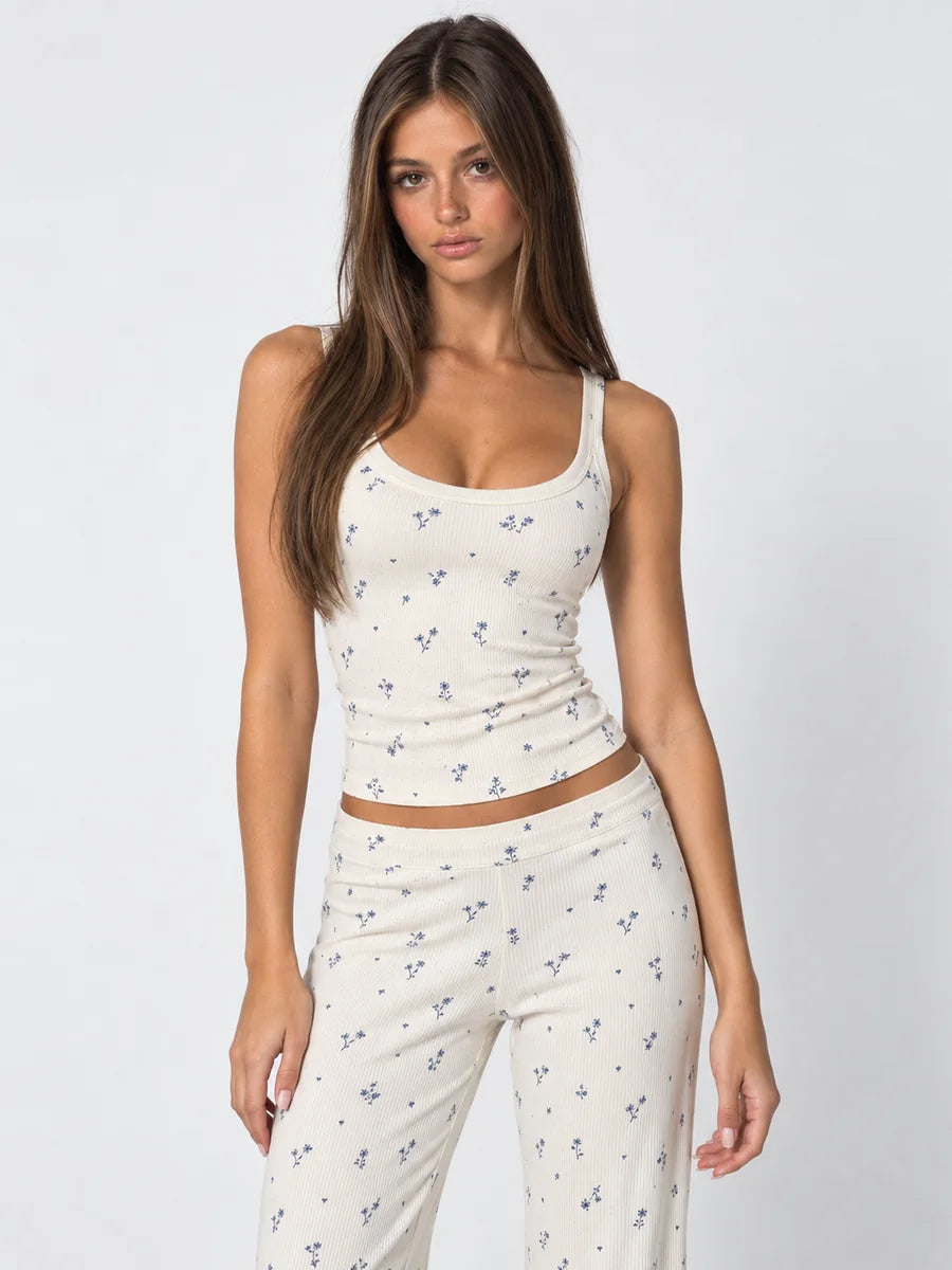 Conjunto de Pijama Acanalado de Flores Azules con Pantalón