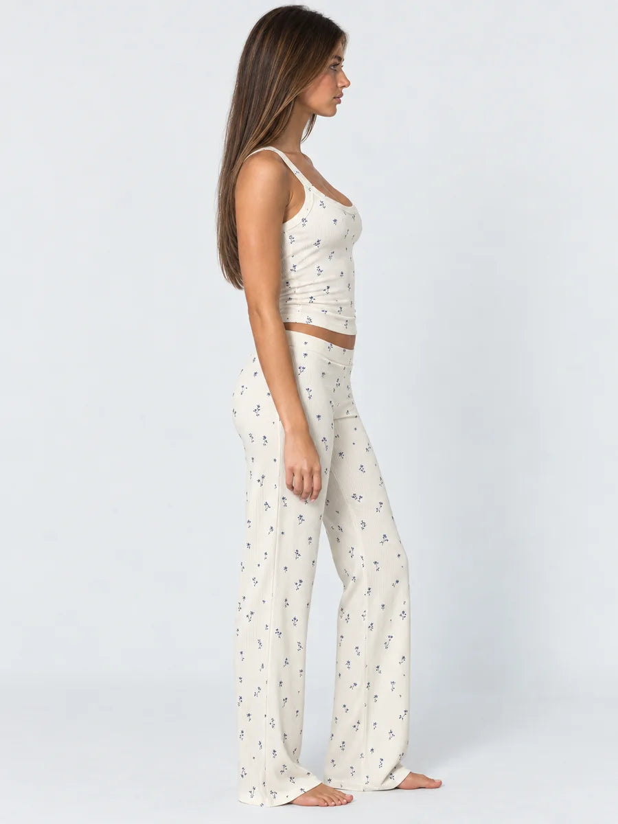 Conjunto de Pijama Acanalado de Flores Azules con Pantalón