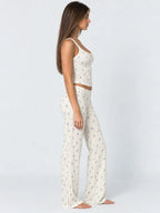 Conjunto de Pijama Acanalado de Flores Azules con Pantalón